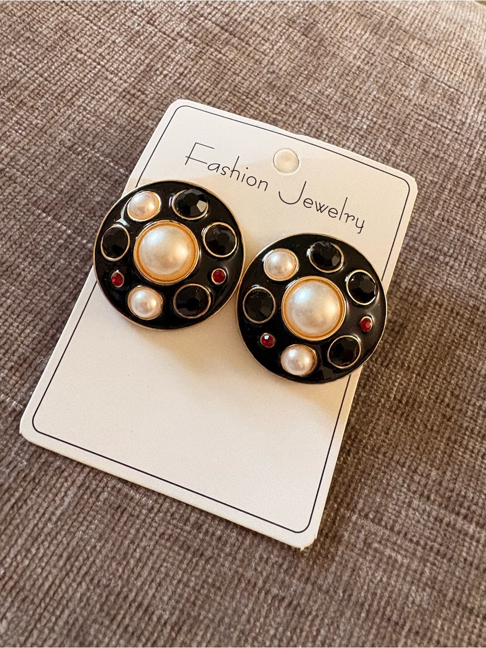 Vintage Black, Pearl & Red Round Clip-On Earrings